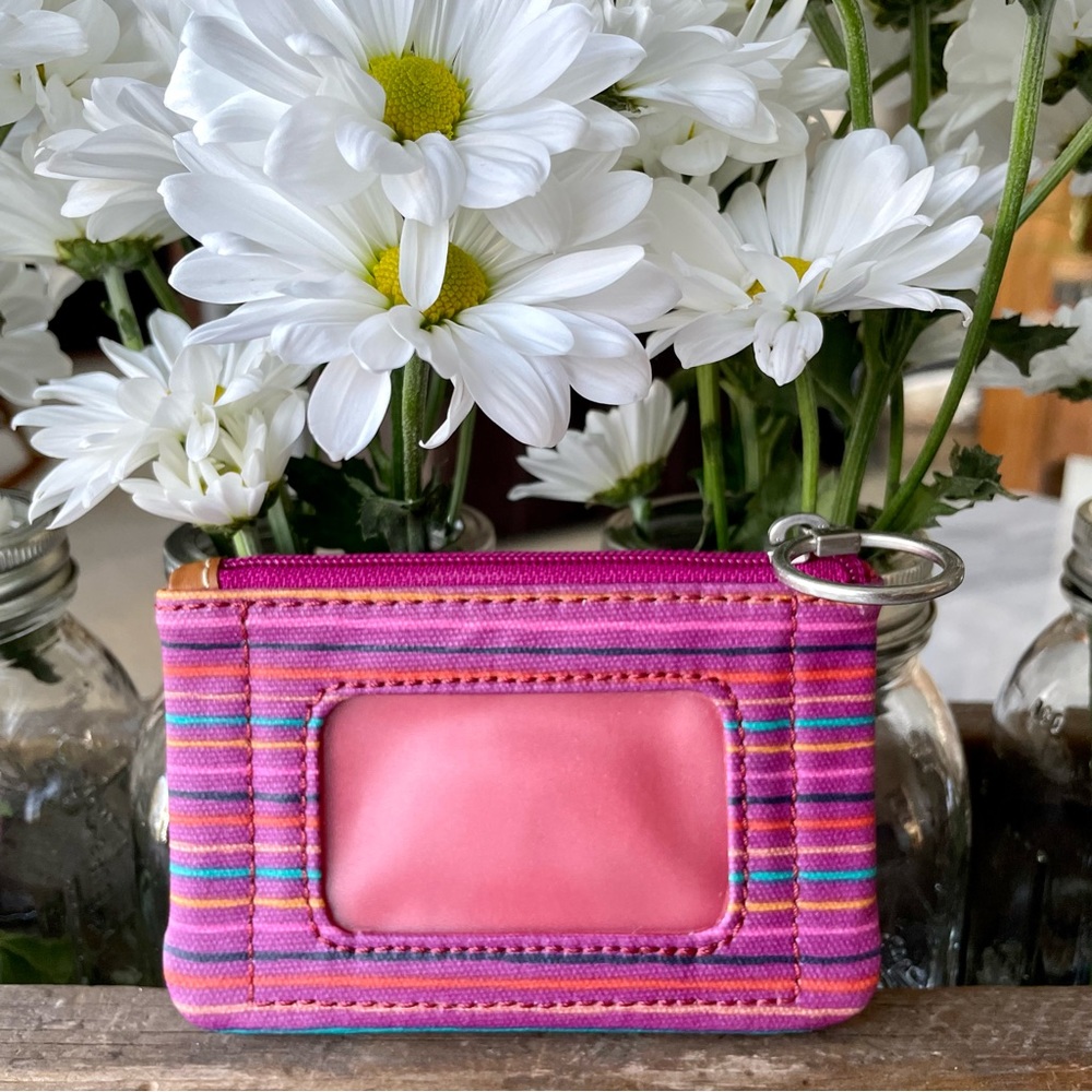 Fossil•Key~Per•Zip-Top ID Case•“Colorful”~Berry Toned Stripes•Laminated Canvas🌼